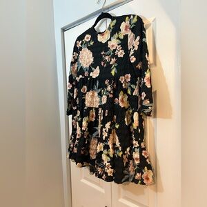 ZARA Floral Tiered Mini Dress Long Sleeve Black Pink Women’s XS